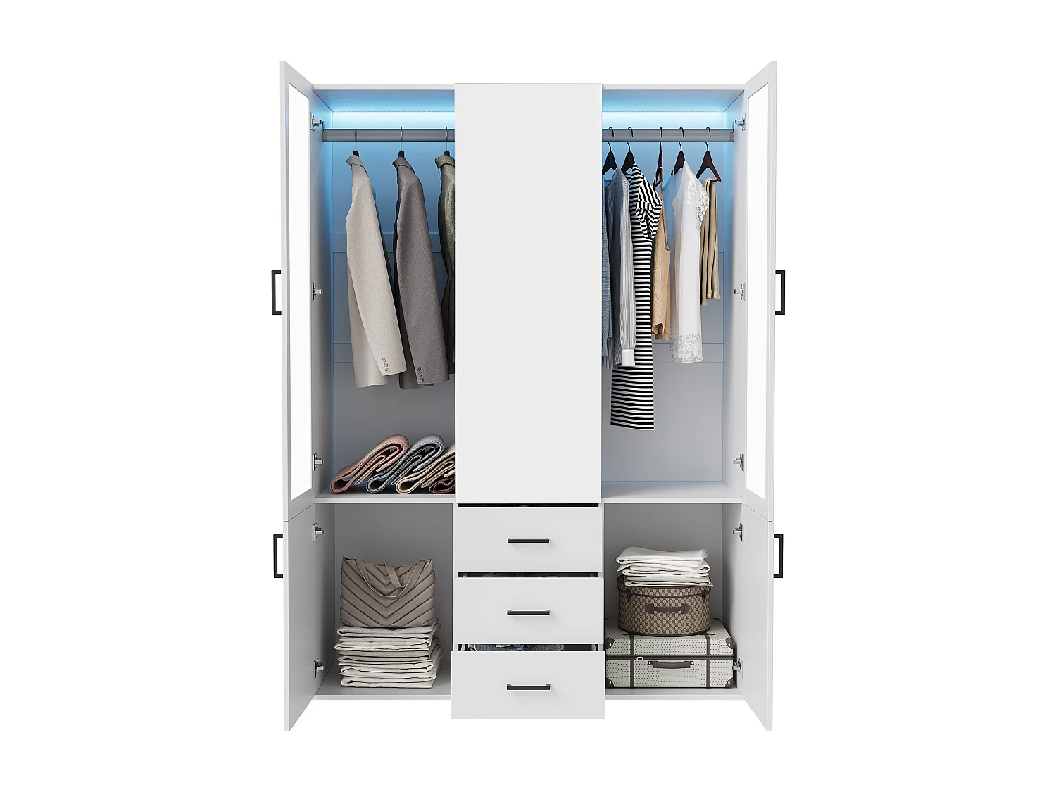 Witte hoekkast met 4 deuren, 3 lades, spiegel en LED - 130x52x182 cm, kledingopslag voor volwassenen