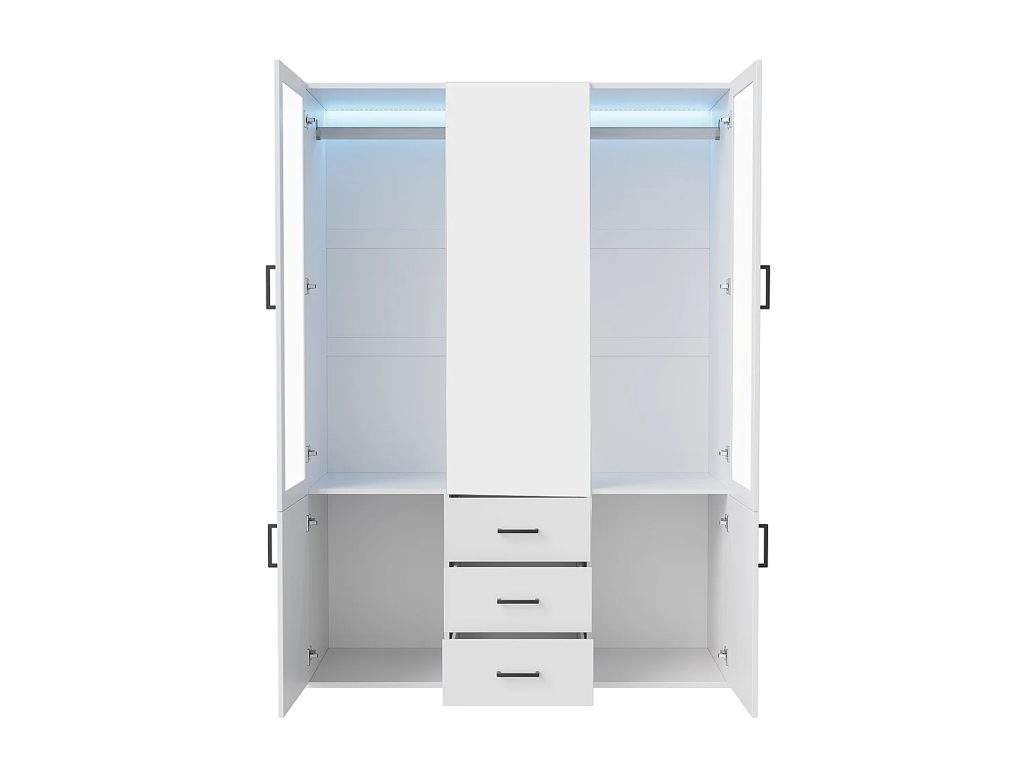 Witte hoekkast met 4 deuren, 3 lades, spiegel en LED - 130x52x182 cm, kledingopslag voor volwassenen