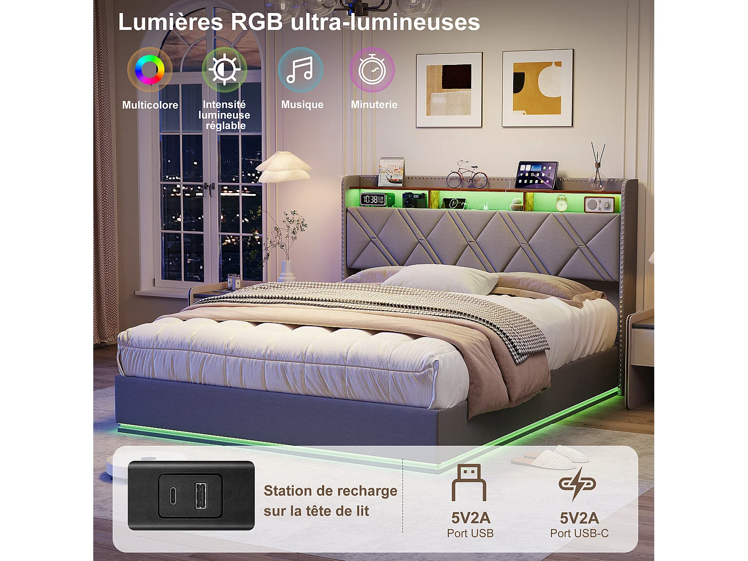 Lit coffre à pistons hydrauliques - 160 x 200 cm - avec LED et fonction de charge - Tête de lit rangeable - Tissu gris