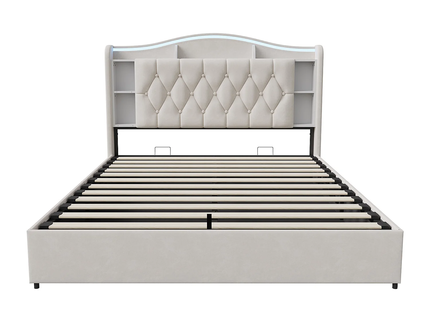 Hydraulisches Stauraumbett - 160 x 200 cm - LED- und USB-Ladekopfteil - Beiger Samt
