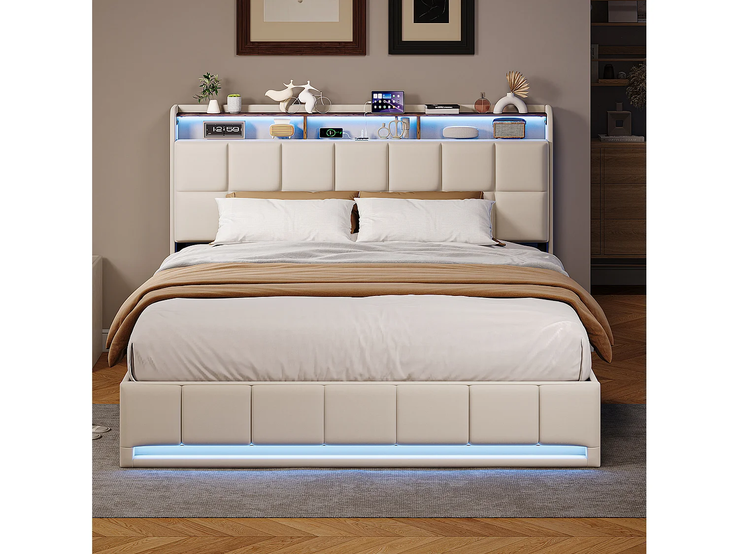 Łóżko z pojemnikiem 160x200 cm beżowe z lnu z oświetleniem LED RGB, wbudowanym USB i 3 szufladami do przechowywania, nowoczesny design