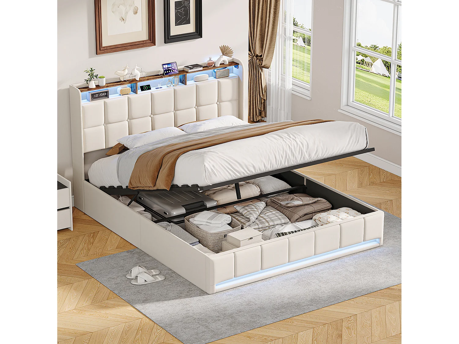 Łóżko z pojemnikiem 160x200 cm beżowe z lnu z oświetleniem LED RGB, wbudowanym USB i 3 szufladami do przechowywania, nowoczesny design