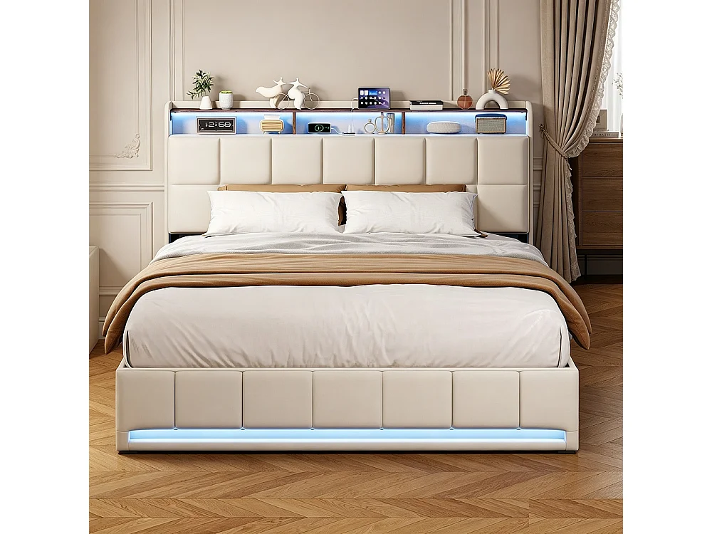 Łóżko z pojemnikiem 160x200 cm beżowe z lnu z oświetleniem LED RGB, wbudowanym USB i 3 szufladami do przechowywania, nowoczesny design