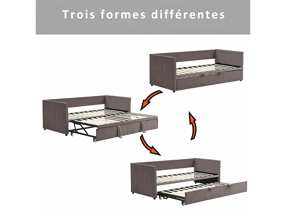 90 / 180 x 200 cm,Canapé-lit pliant - Tissu velours - Lits extensibles multifonctionnels - Gris