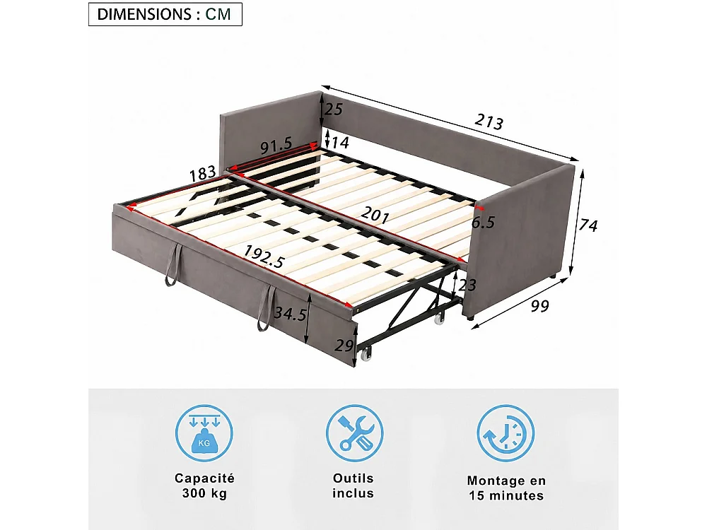 90 / 180 x 200 cm,Canapé-lit pliant - Tissu velours - Lits extensibles multifonctionnels - Gris