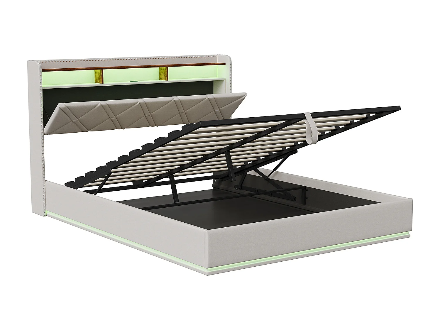 Lit coffre à pistons hydrauliques - 160 x 200 cm - avec LED et fonction de charge - Tête de lit rangeable - Tissu beige