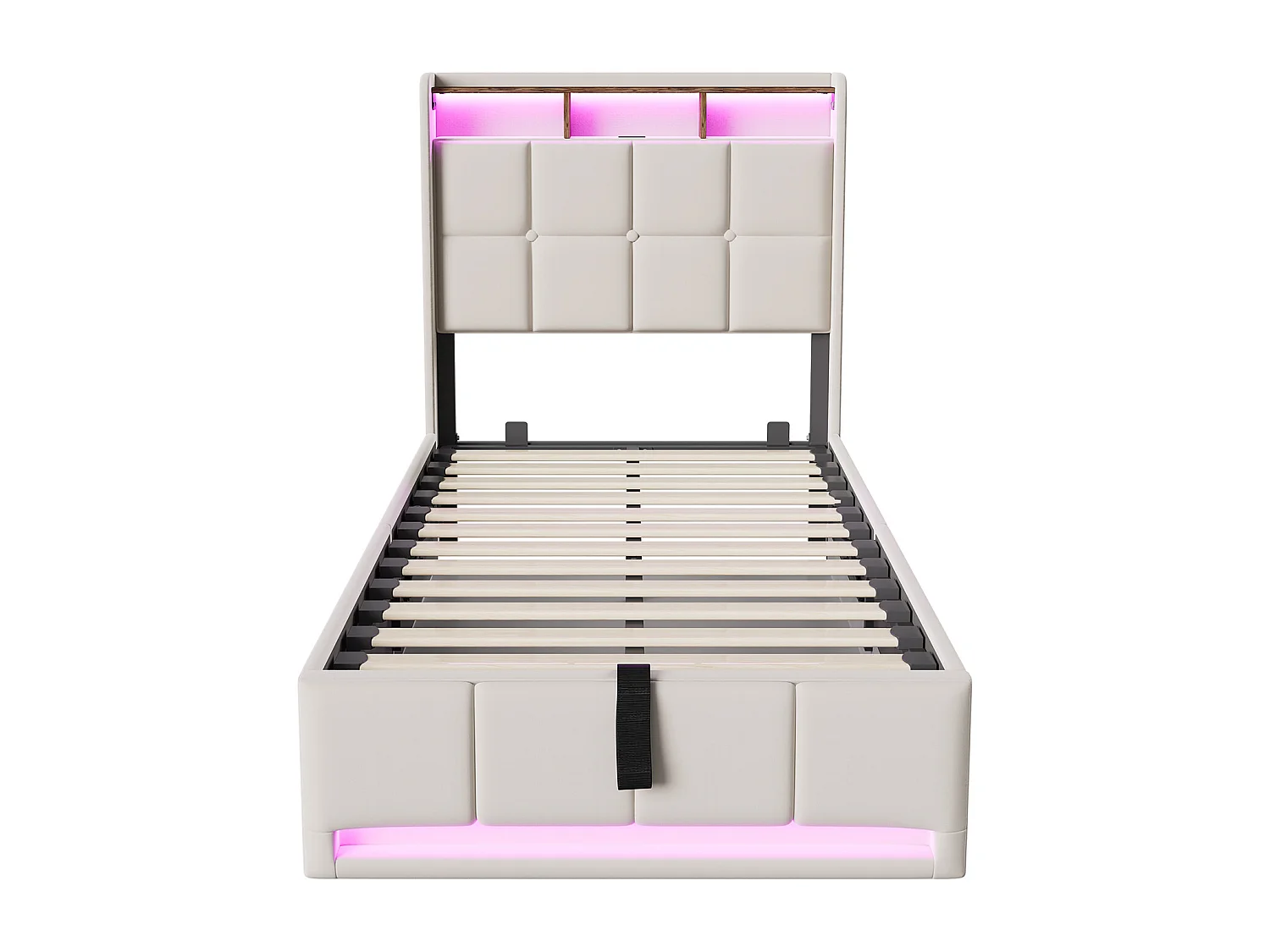 90 x 200 cm , Lit avec rangement - Lit coffre à pistons hydrauliques - avec chargement USB et éclairage LED - Tissu de lin - beige