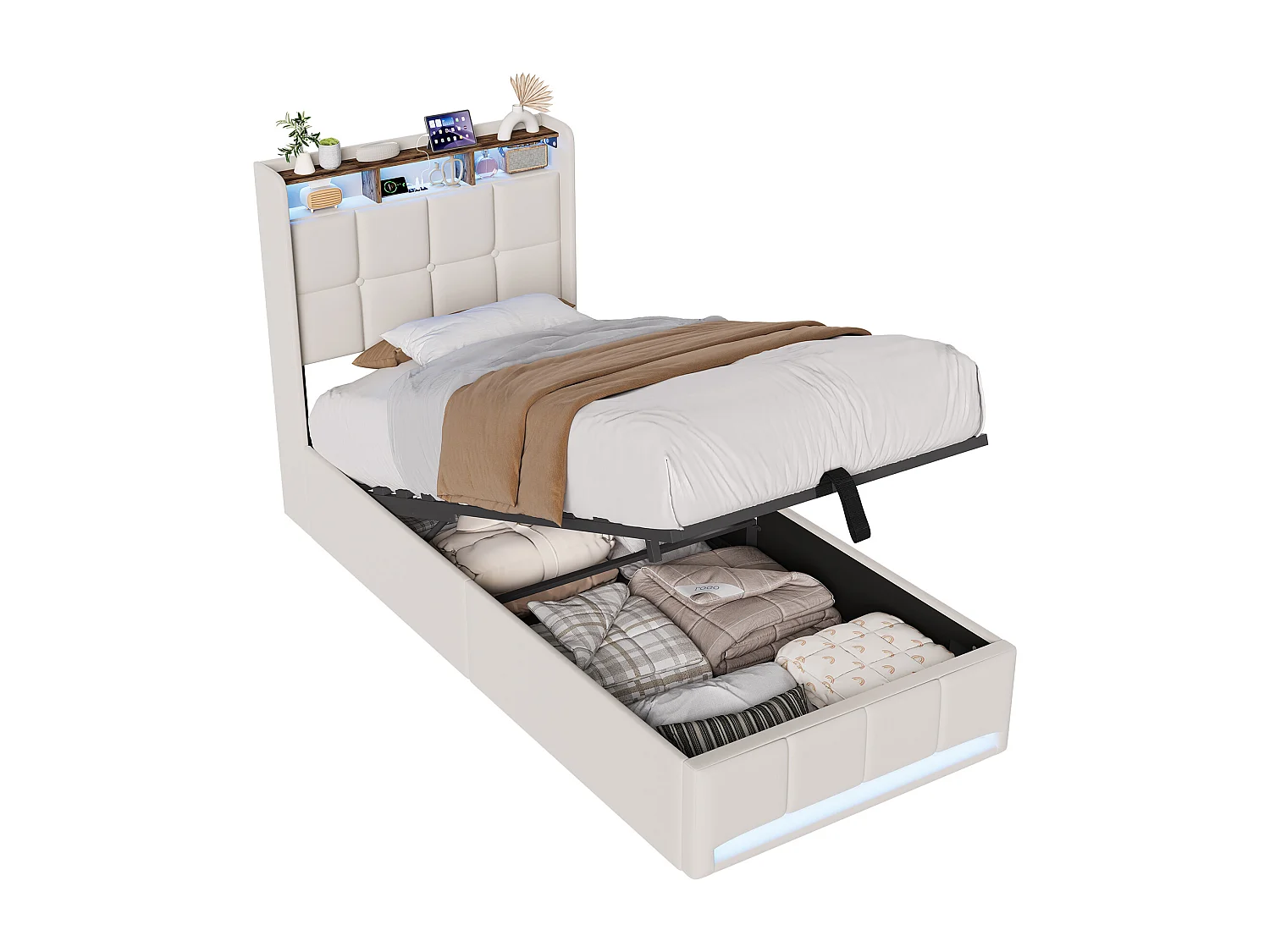 90 x 200 cm , Lit avec rangement - Lit coffre à pistons hydrauliques - avec chargement USB et éclairage LED - Tissu de lin - beige