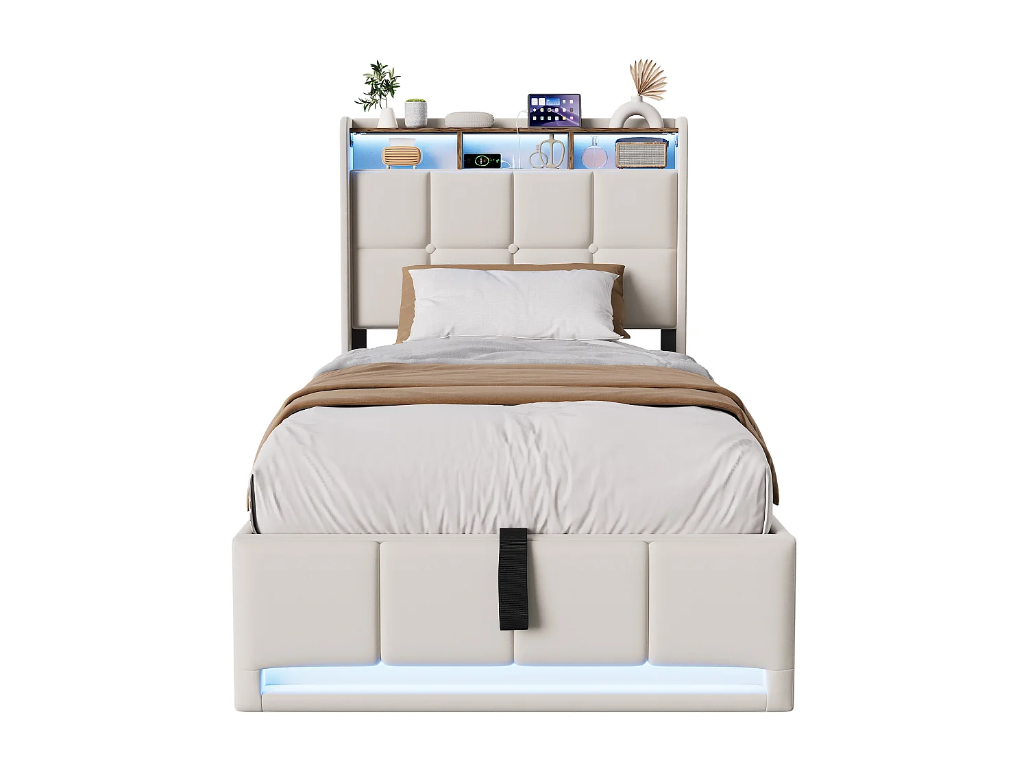 90 x 200 cm , Lit avec rangement - Lit coffre à pistons hydrauliques - avec chargement USB et éclairage LED - Tissu de lin - beige