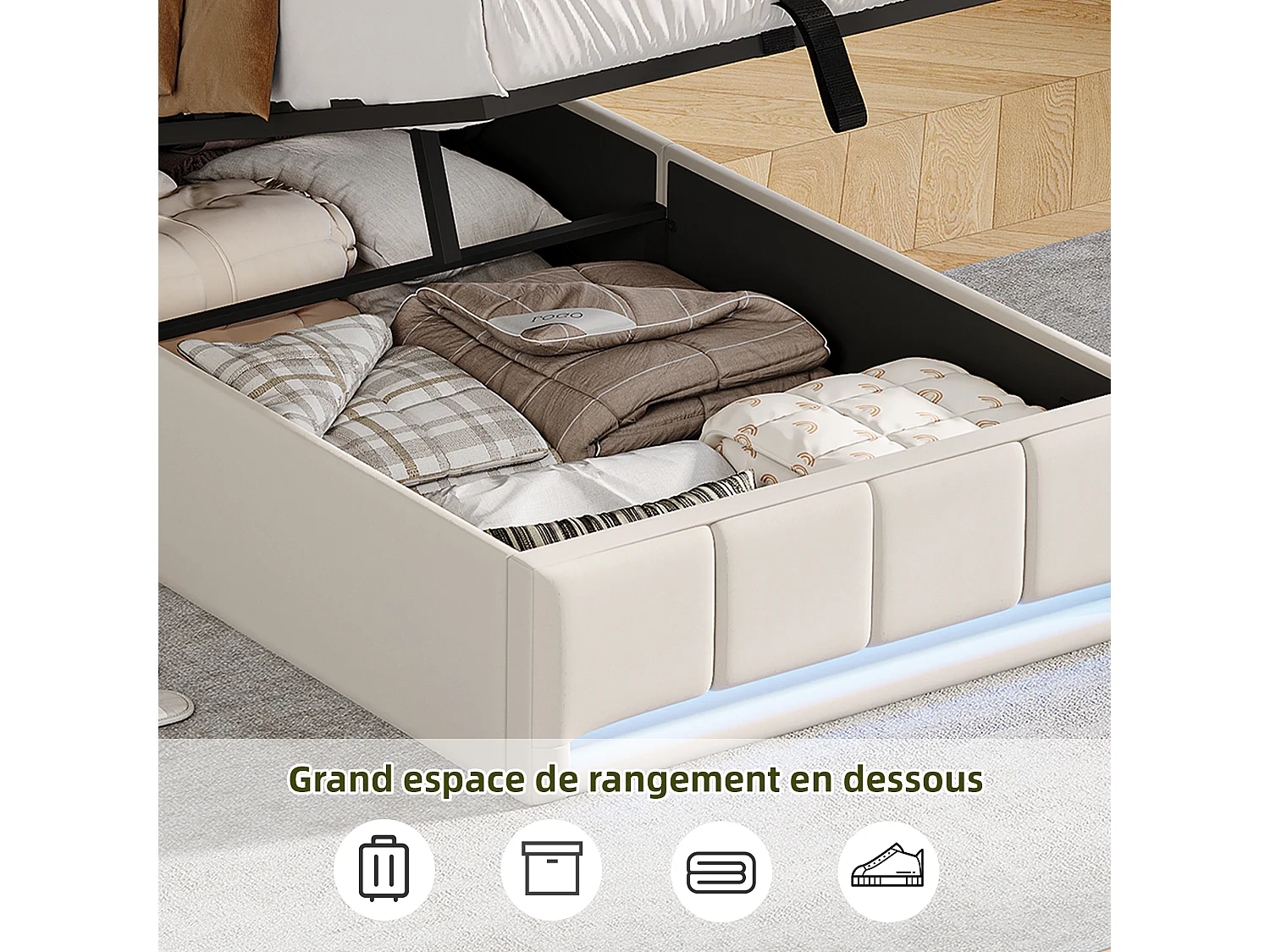90 x 200 cm , Lit avec rangement - Lit coffre à pistons hydrauliques - avec chargement USB et éclairage LED - Tissu de lin - beige