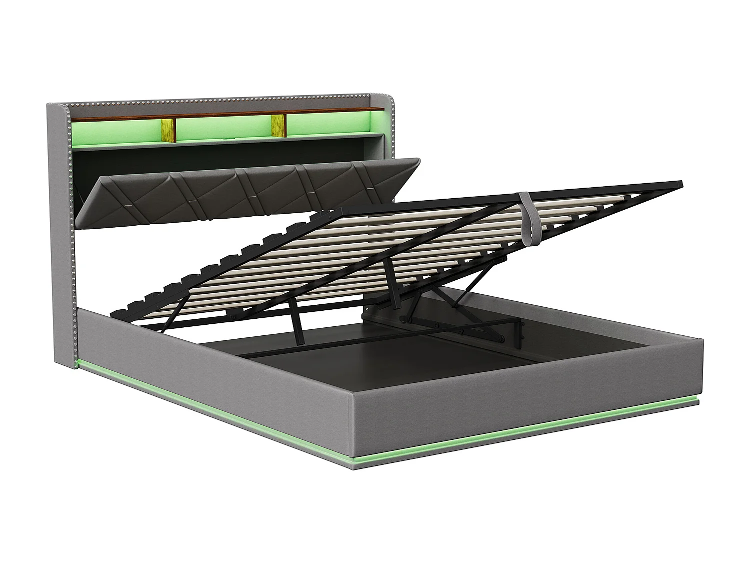 Lit coffre à pistons hydrauliques - 140 x 200 cm - avec LED et fonction de charge - Tête de lit rangeable - Tissu gris