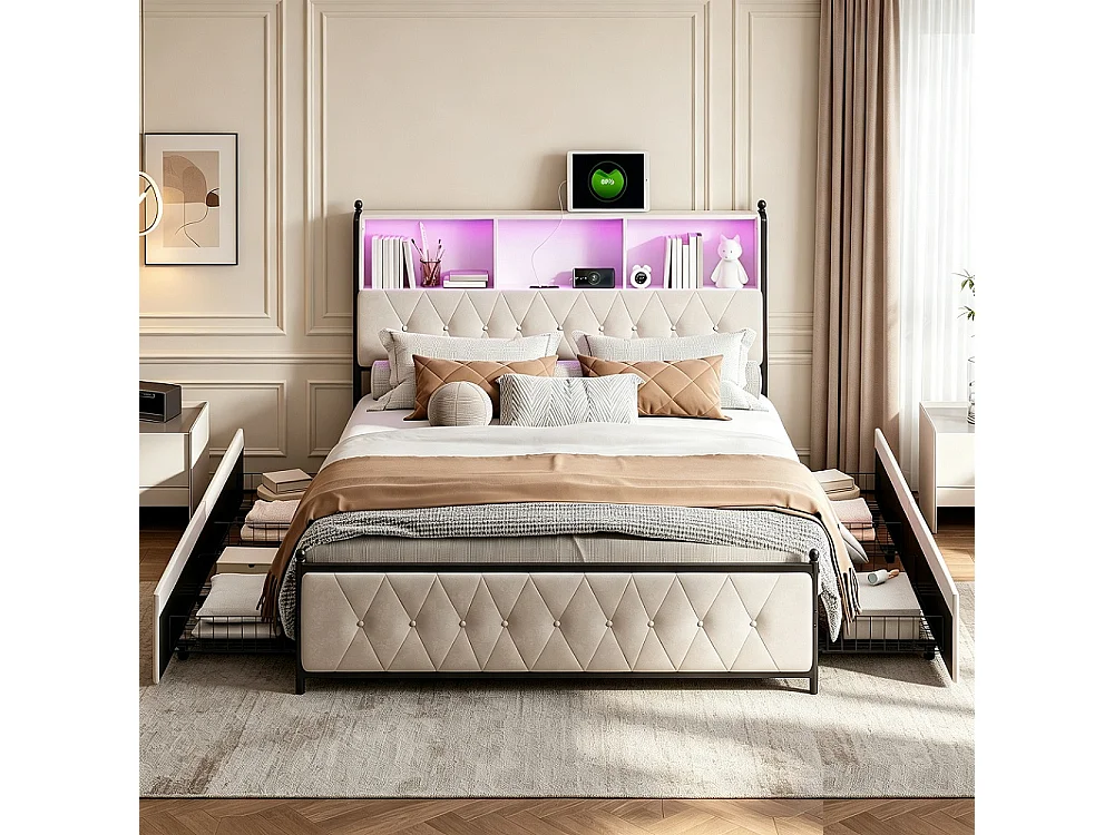 Bett 160x200 cm mit musikalischem LED-Kopfteil, 4 Schubladen, USB/Type-C Anschlüsse, integrierter Stauraum, zeitgenössischer Stil beige