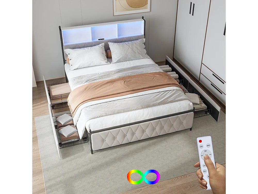 Bett 160x200 cm mit musikalischem LED-Kopfteil, 4 Schubladen, USB/Type-C Anschlüsse, integrierter Stauraum, zeitgenössischer Stil beige