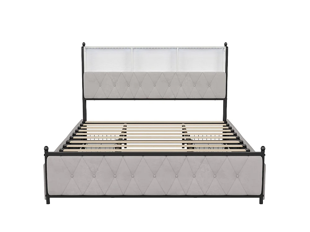 Bett 160x200 cm mit musikalischem LED-Kopfteil, 4 Schubladen, USB/Type-C Anschlüsse, integrierter Stauraum, zeitgenössischer Stil beige