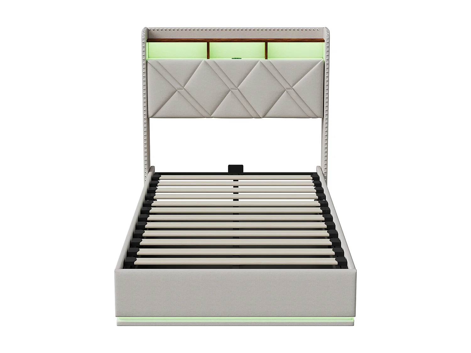 Lit coffre à pistons hydrauliques - 90 x 200 cm - avec LED et fonction de charge - Tête de lit rangeable - Tissu beige