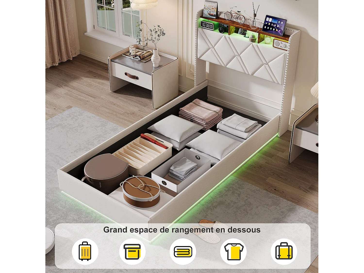 Lit coffre à pistons hydrauliques - 90 x 200 cm - avec LED et fonction de charge - Tête de lit rangeable - Tissu beige