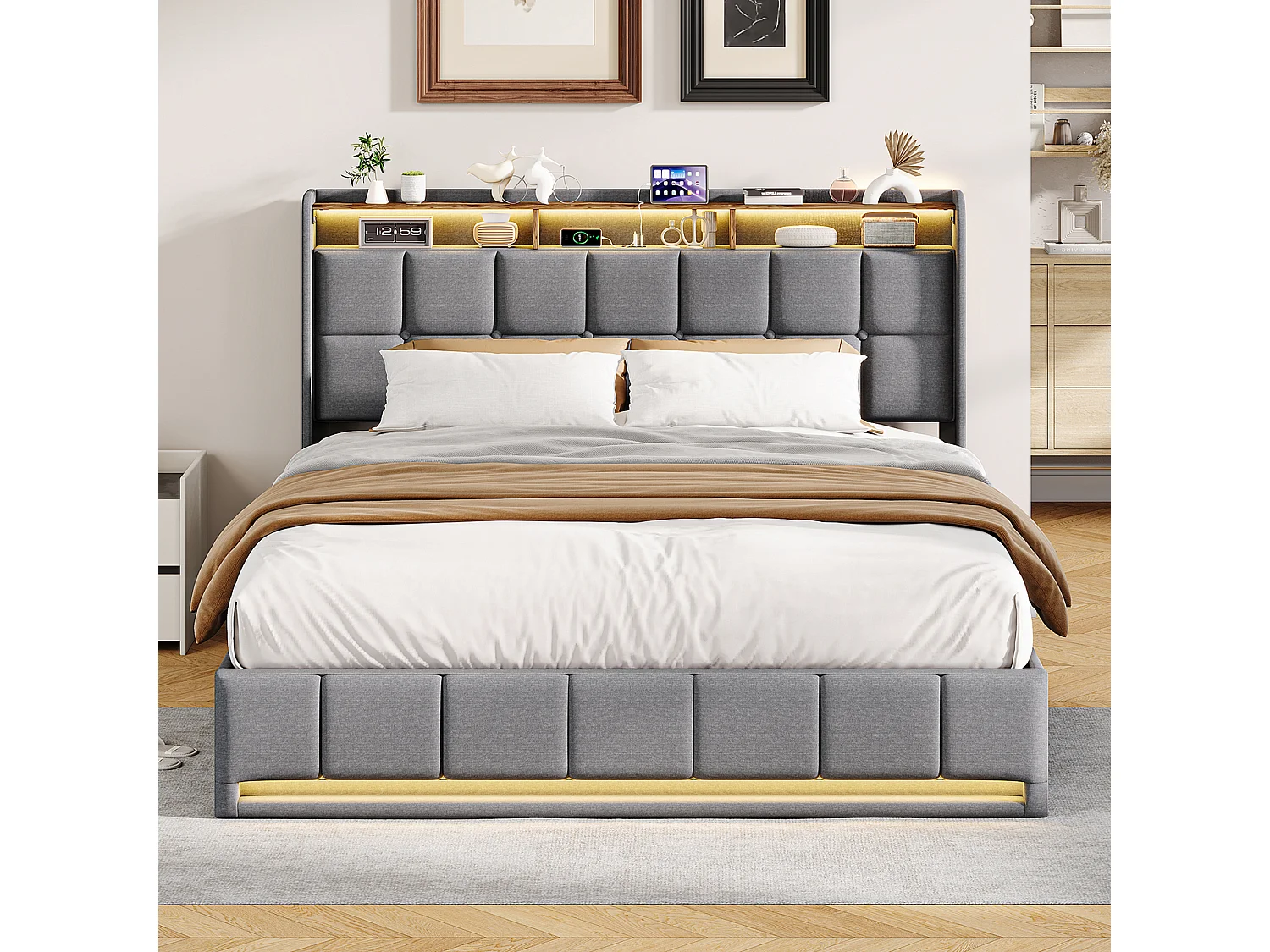 Łóżko z pojemnikiem 140x200 cm szare z oświetleniem LED RGB, wbudowanym USB, 3 szufladami i tkaniną lnianą – Styl nowoczesny bez szafki nocnej