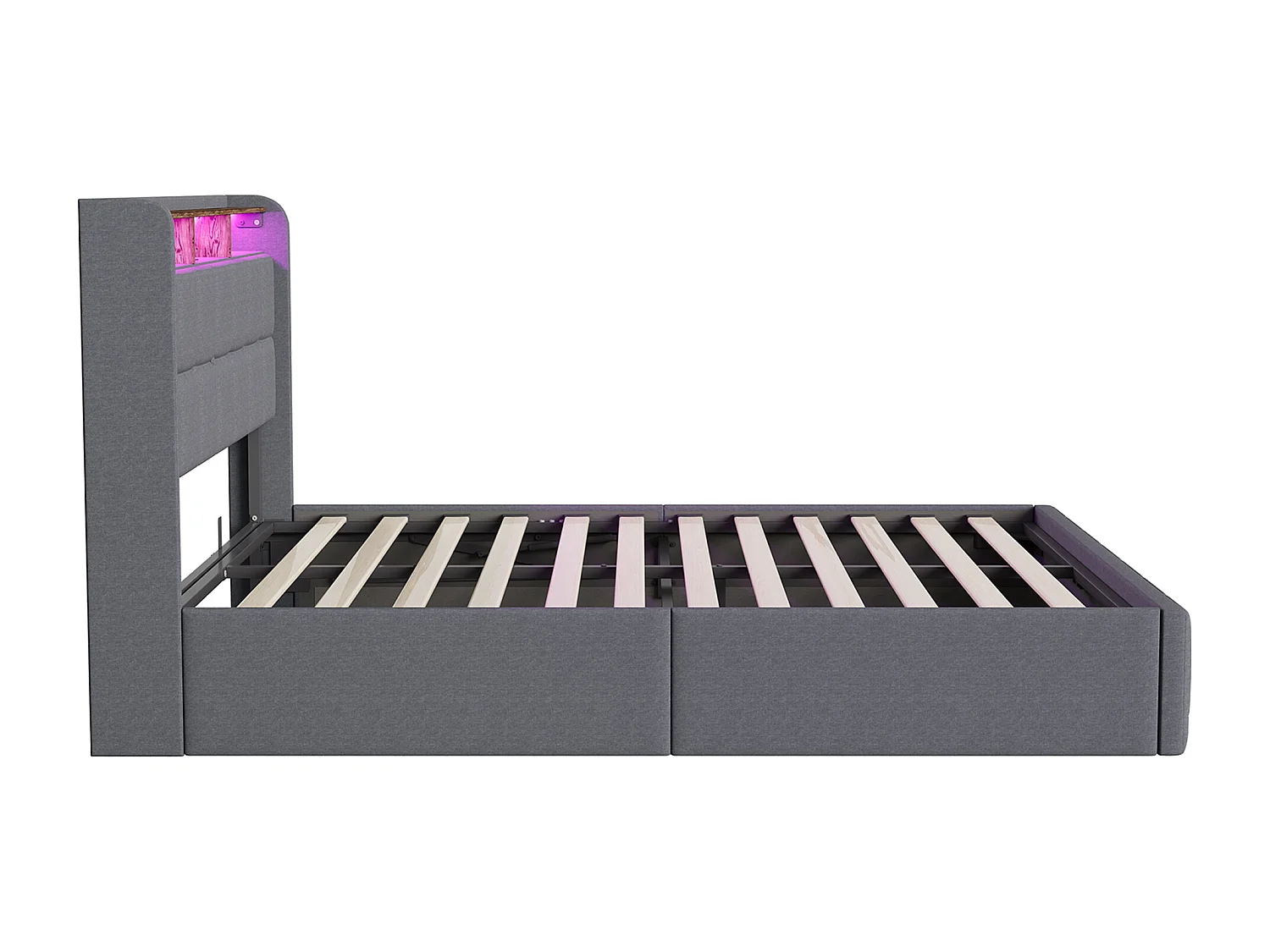 Łóżko z pojemnikiem 140x200 cm szare z oświetleniem LED RGB, wbudowanym USB, 3 szufladami i tkaniną lnianą – Styl nowoczesny bez szafki nocnej