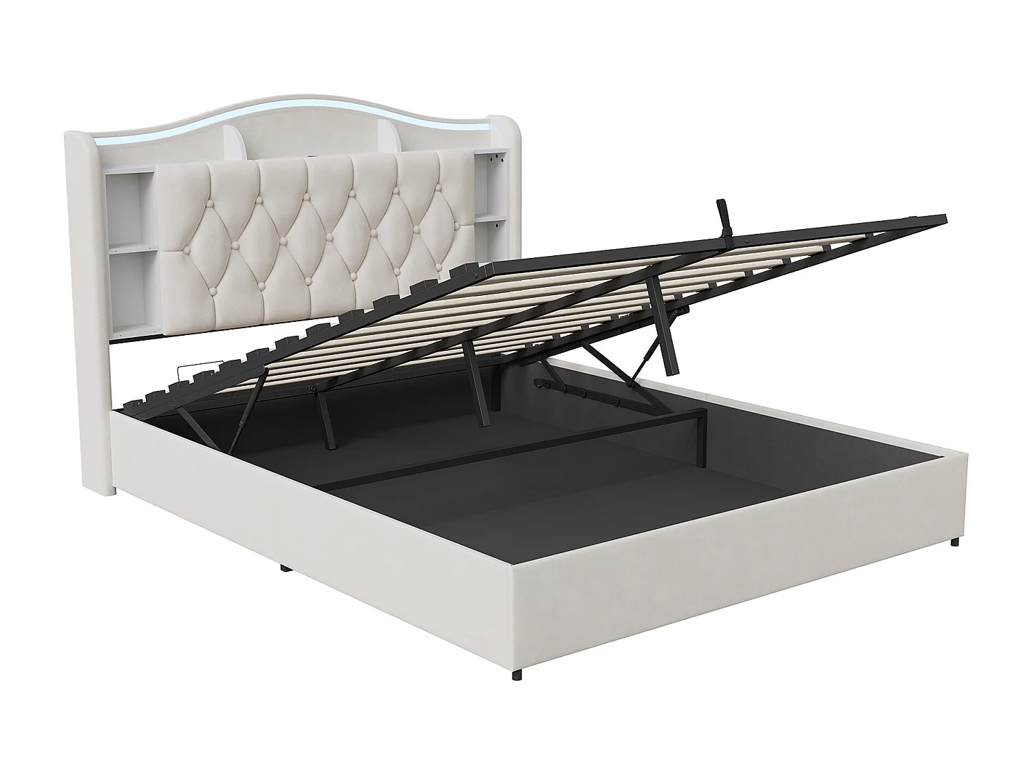 Łóżko z pojemnikiem welurowe 160x190 cm z zagłówkiem LED, ładowaniem USB/Type-C, wbudowanym schowkiem, nowoczesny design beżowy