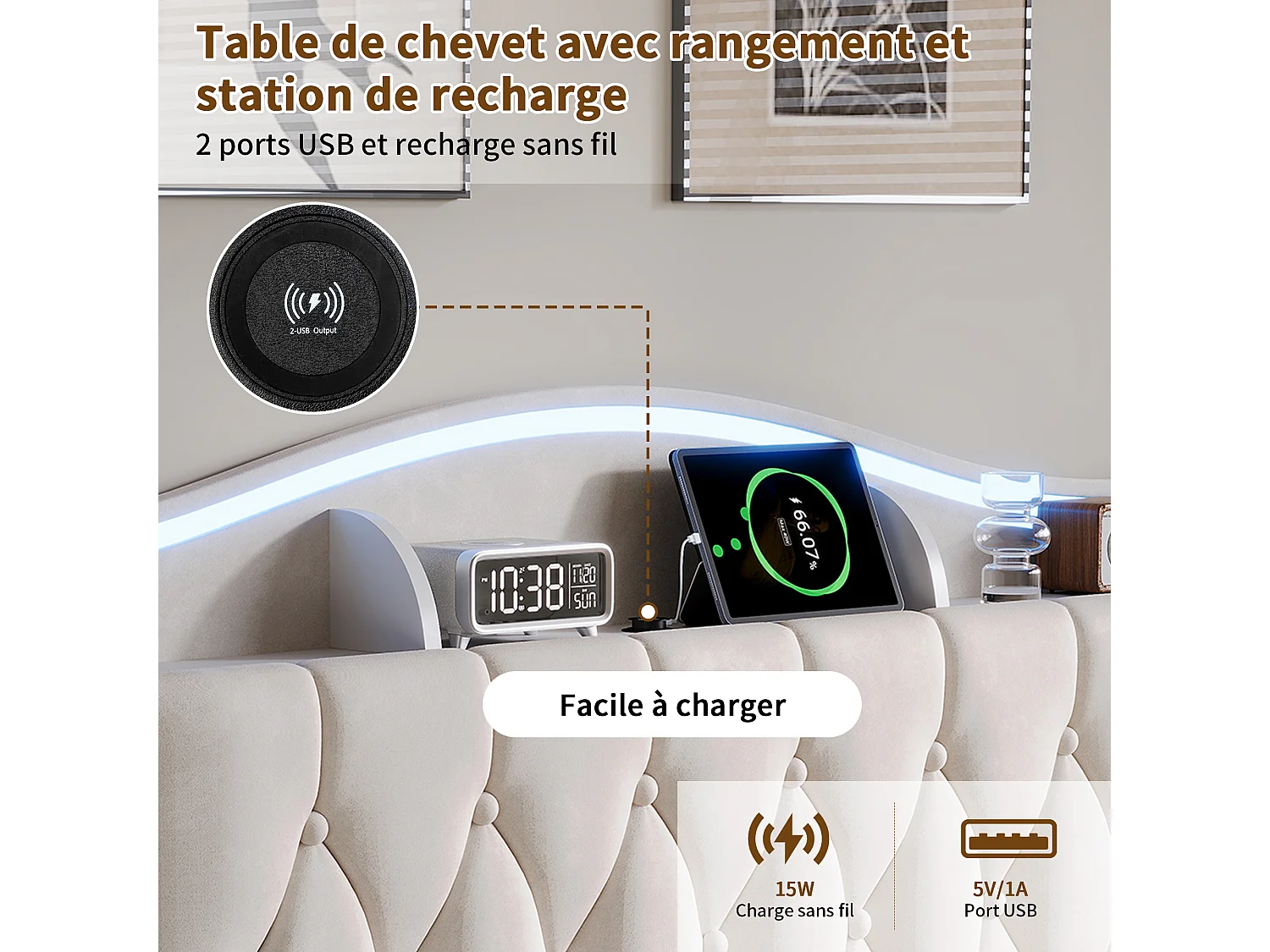 Łóżko z pojemnikiem welurowe 160x190 cm z zagłówkiem LED, ładowaniem USB/Type-C, wbudowanym schowkiem, nowoczesny design beżowy