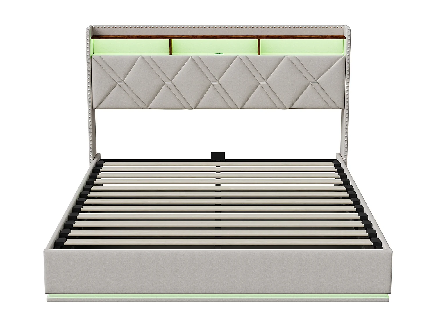 Lit coffre à pistons hydrauliques - 140 x 200 cm - avec LED et fonction de charge - Tête de lit rangeable - Tissu beige