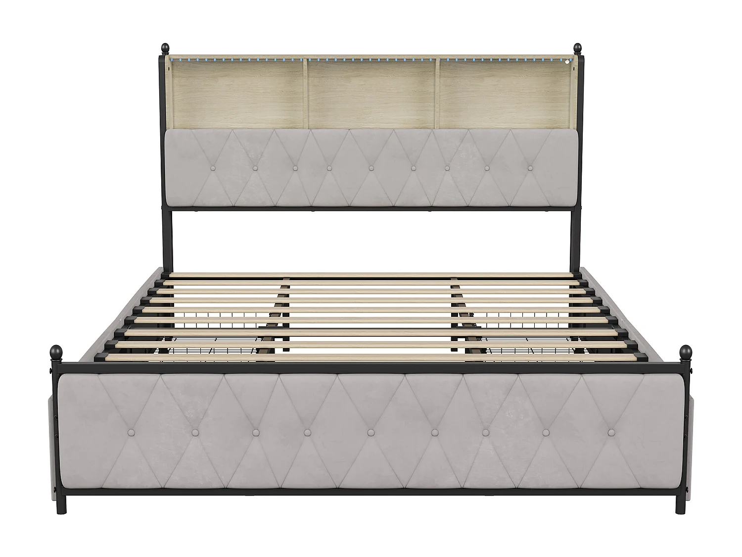 180 x 200 cm - Lit avec tête de lit rangement - avec 4 tiroirs - avec lumières LED et fonction de charge USB - Beige