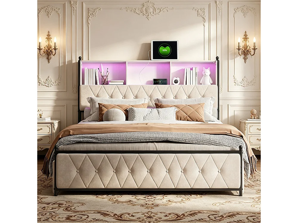 Letto 180x200 cm con testiera LED musicale, 4 cassetti contenitori e porte USB/Type-C – Design contemporaneo beige