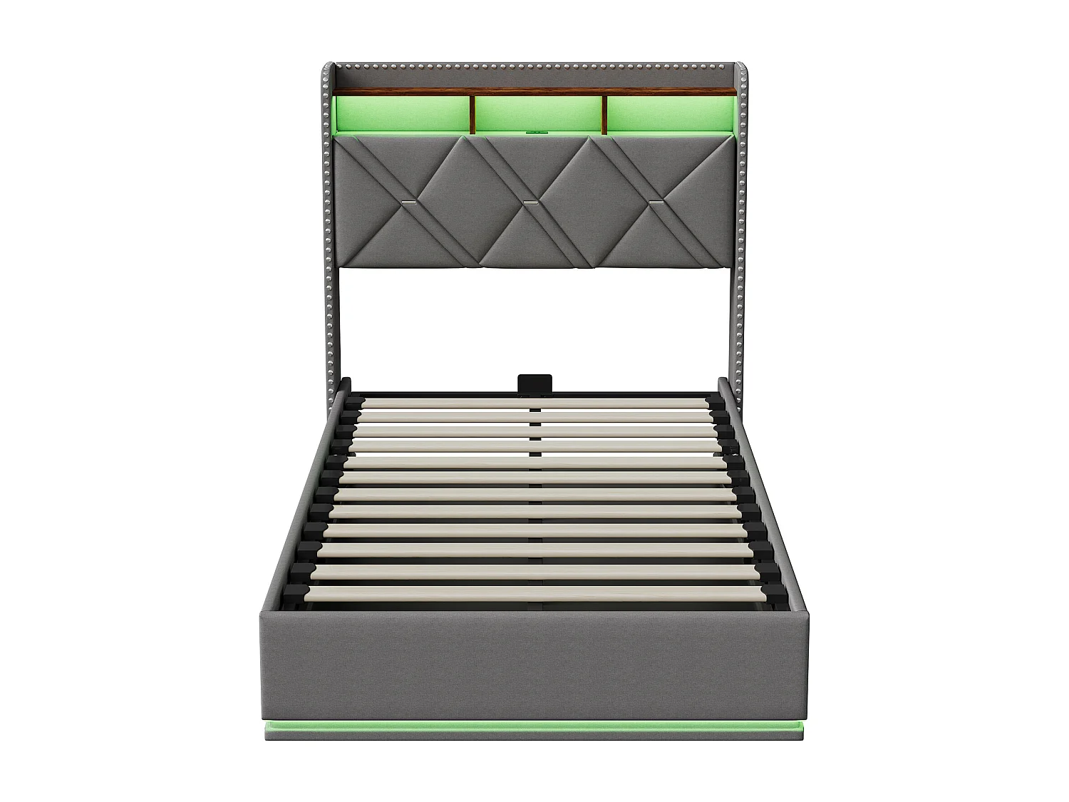 Lit coffre à pistons hydrauliques - 90 x 200 cm - avec LED et fonction de charge - Tête de lit rangeable - Tissu gris