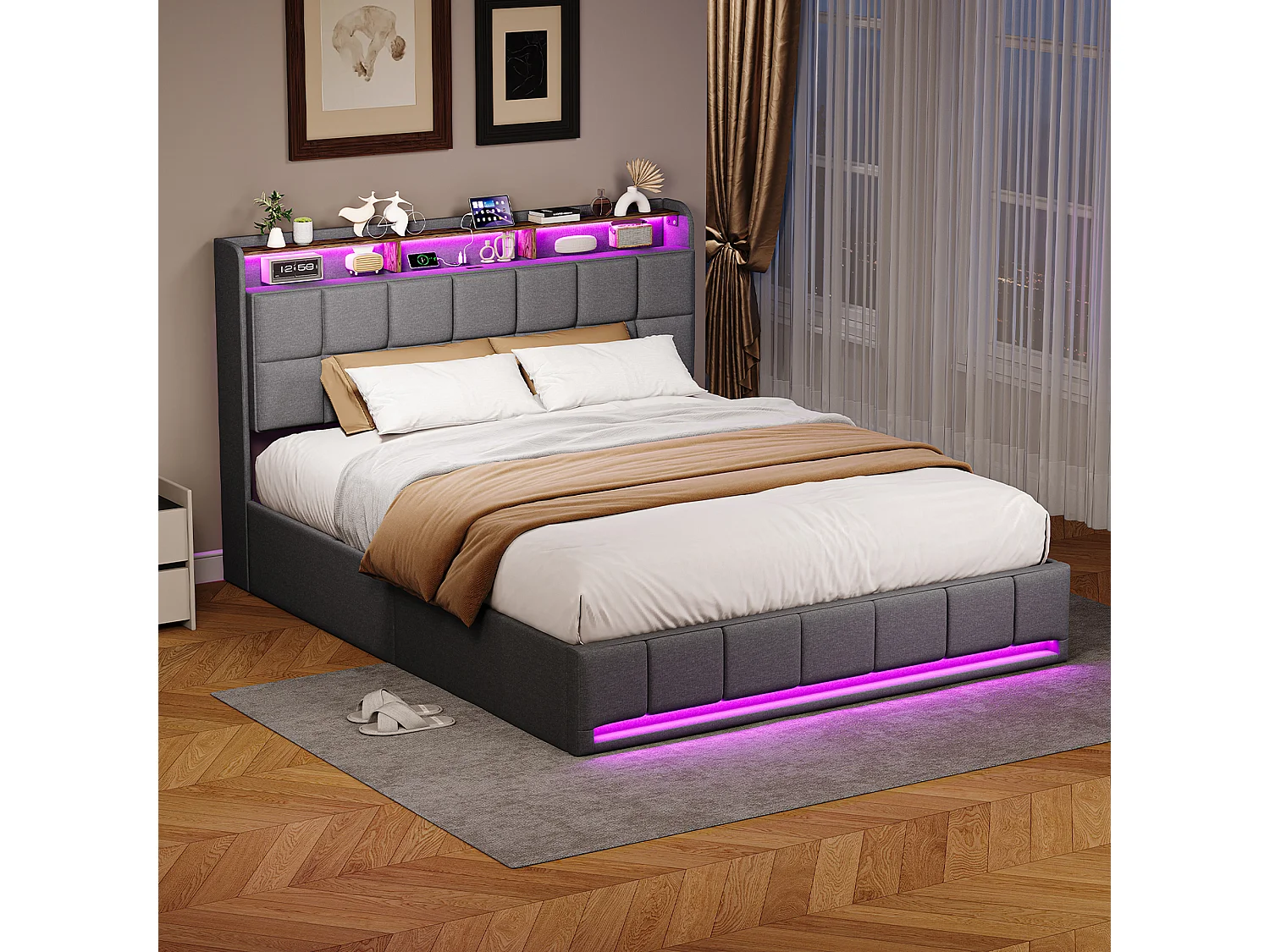 Łóżko z pojemnikiem 160x200 cm szare z oświetleniem LED RGB, wbudowanym USB, 3 szufladami, tkanina lniana i nośnością 350 kg – styl nowoczesny