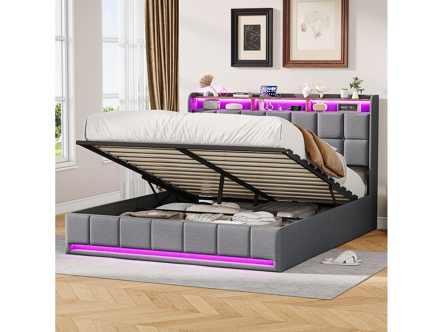 Łóżko z pojemnikiem 160x200 cm szare z oświetleniem LED RGB, wbudowanym USB, 3 szufladami, tkanina lniana i nośnością 350 kg – styl nowoczesny