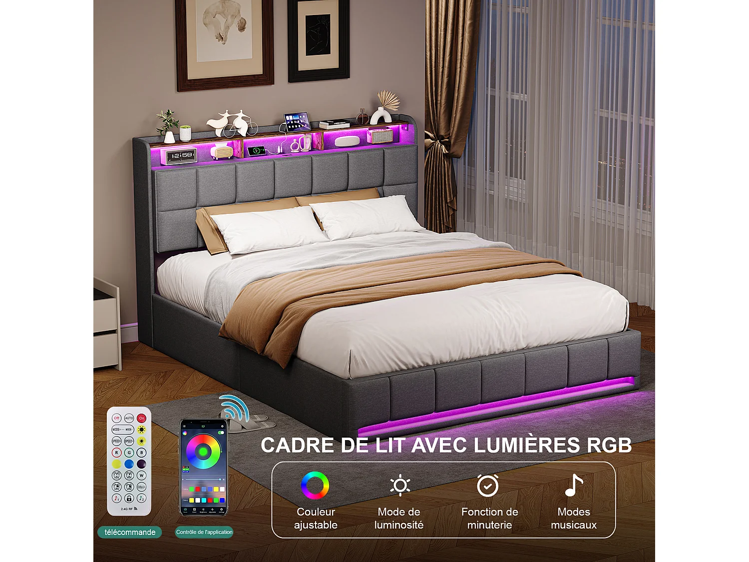 Łóżko z pojemnikiem 160x200 cm szare z oświetleniem LED RGB, wbudowanym USB, 3 szufladami, tkanina lniana i nośnością 350 kg – styl nowoczesny
