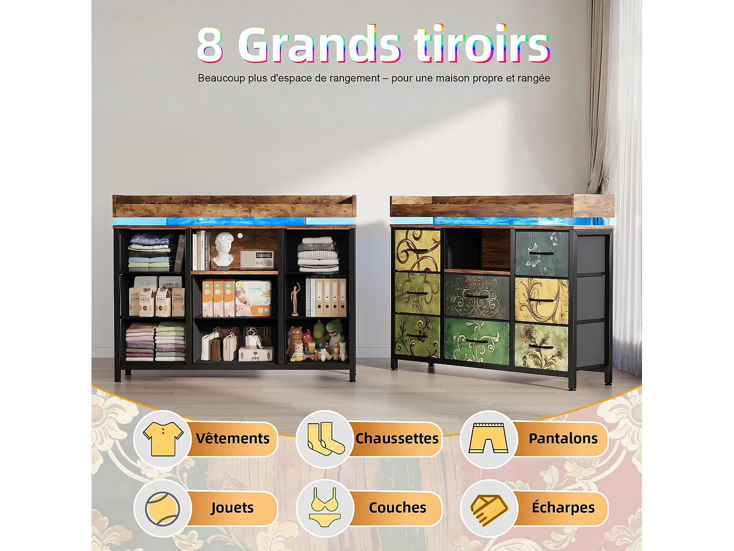 commode de tiroirs - - 108 x 30 x 82 cm - 8 tiroirs avec lumière LED RVB - avec prise de charge - multicolore