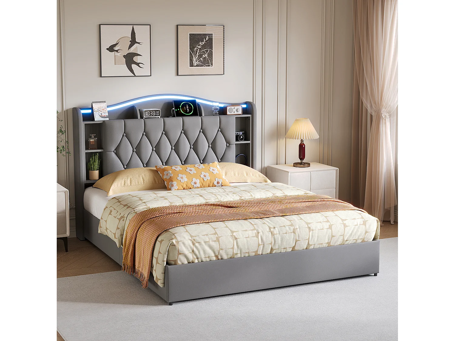 Łóżko z pojemnikiem 160x200 cm szare welurowe z zagłówkiem LED, USB, ładowaniem Type-C i hydraulicznym schowkiem