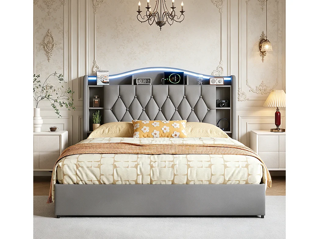 Bett mit Stauraum 160x200 cm grauer Samt mit LED-Kopfteil, USB, Type-C-Ladung und hydraulischem Stauraum