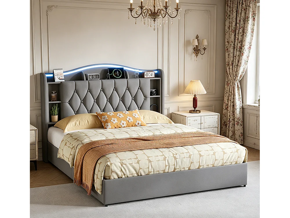 Bett mit Stauraum 160x200 cm grauer Samt mit LED-Kopfteil, USB, Type-C-Ladung und hydraulischem Stauraum