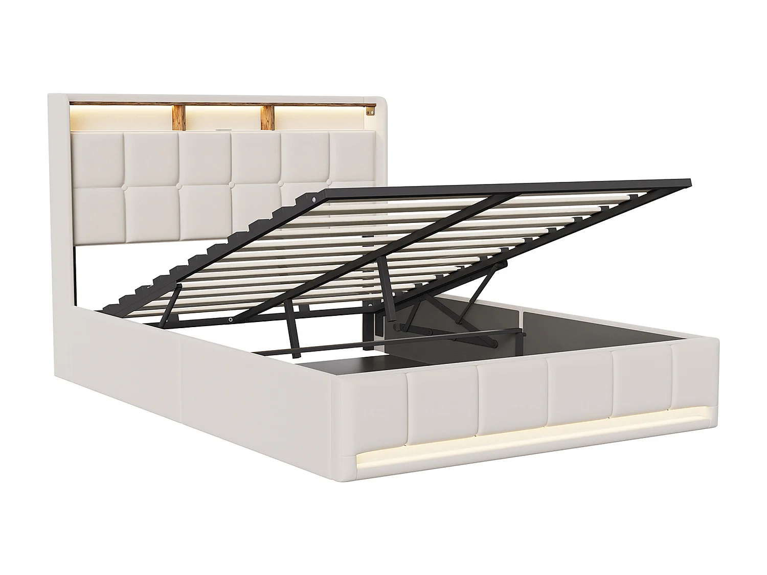 Letto matrimoniale contemporaneo 140x200 cm in lino beige con illuminazione LED RGB, USB integrata e 3 cassetti contenitori