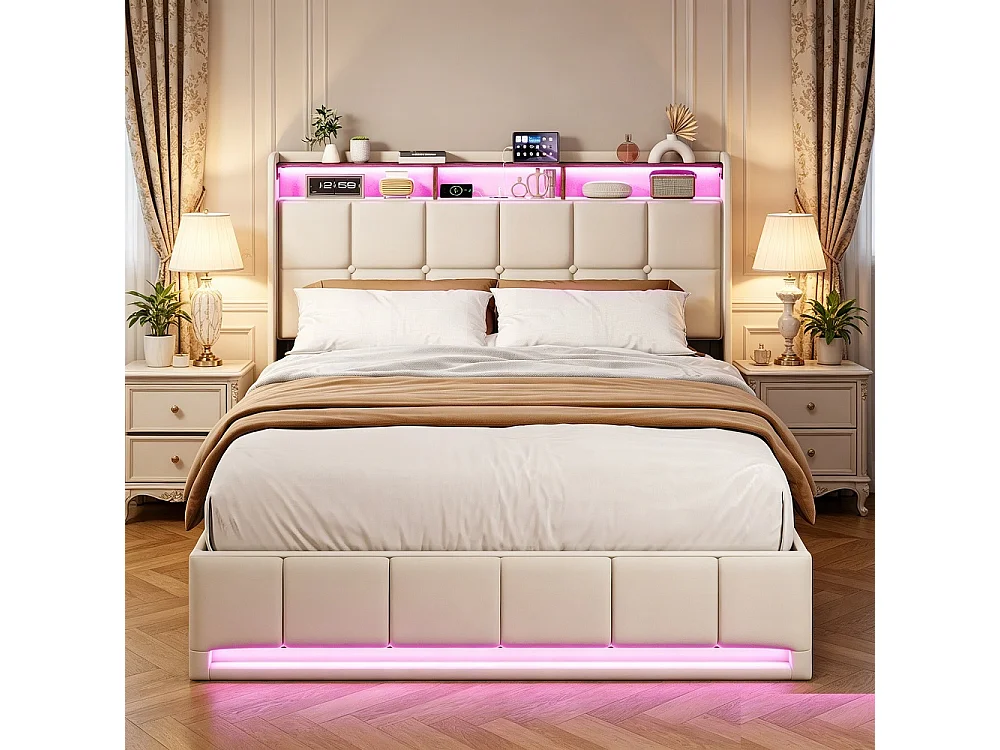 Nowoczesne łóżko podwójne 140x200 cm z beżowego lnu z oświetleniem LED RGB, wbudowanym USB i 3 szufladami do przechowywania