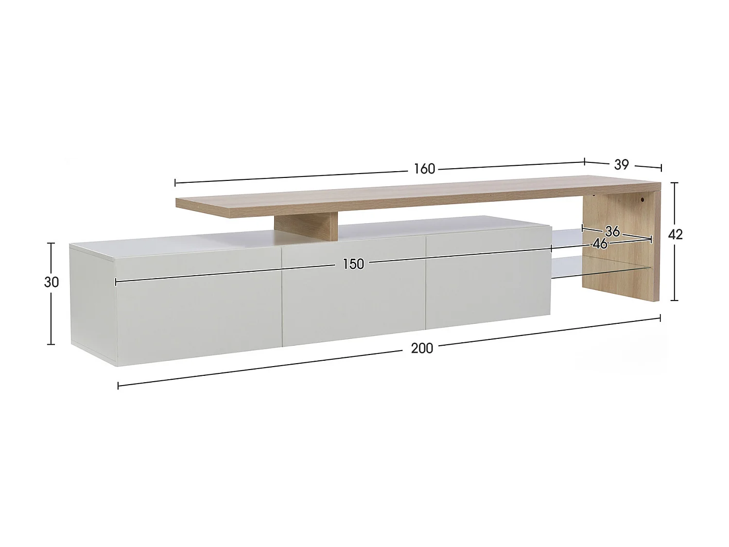 200 x 39 x 42 cm, Supports de télévision - avec 3 armoires et étagères en verre et éclairage LED - TV Sideboard