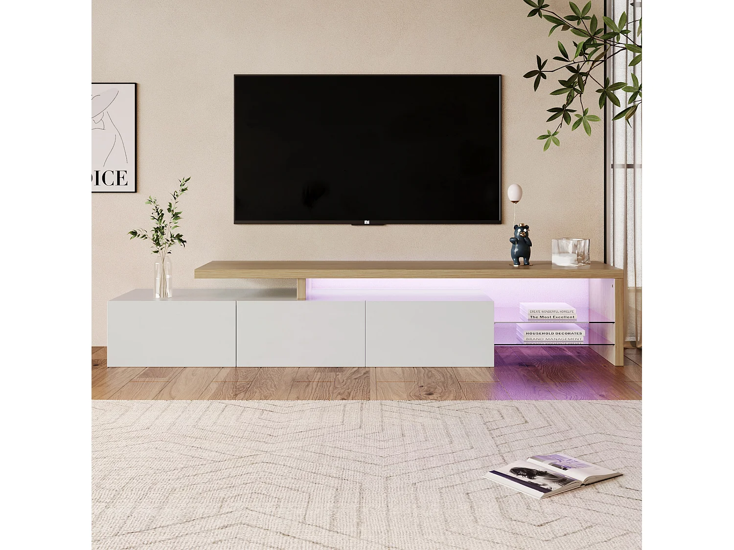 200 x 39 x 42 cm, Supports de télévision - avec 3 armoires et étagères en verre et éclairage LED - TV Sideboard