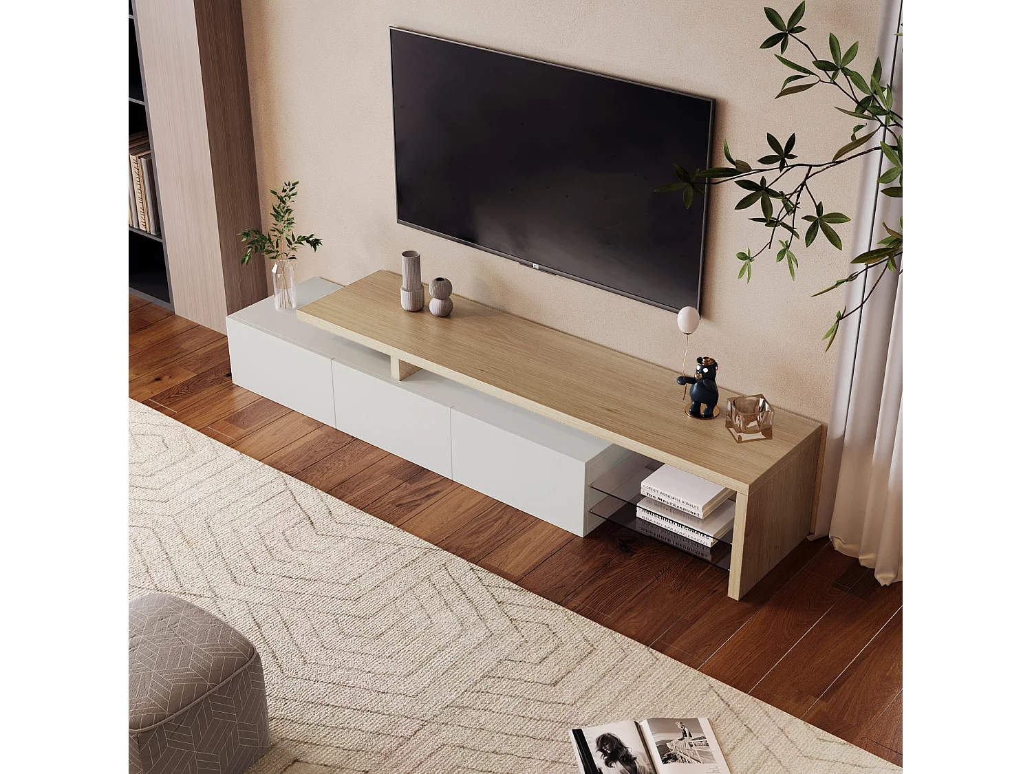 200 x 39 x 42 cm, Supports de télévision - avec 3 armoires et étagères en verre et éclairage LED - TV Sideboard