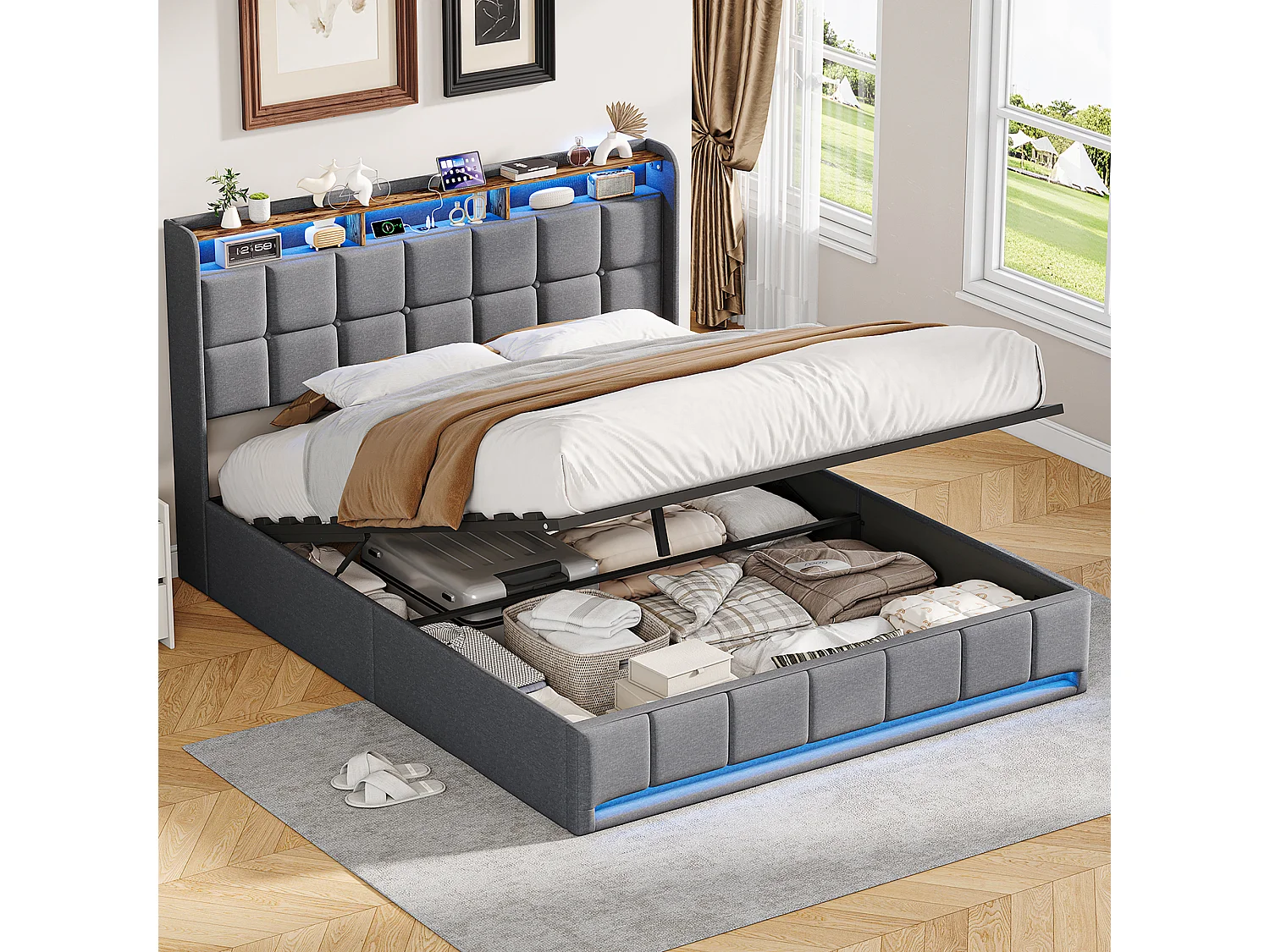 Lit coffre à pistons hydrauliques - 140 x 190 cm - avec chargement USB et éclairage LED - Tissu de lin - gris