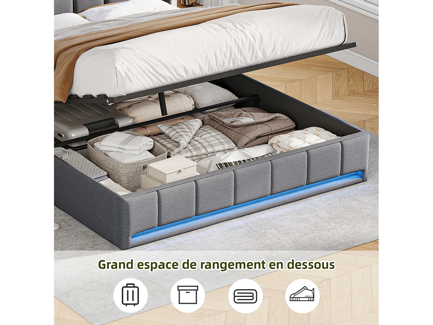 Lit coffre à pistons hydrauliques - 140 x 190 cm - avec chargement USB et éclairage LED - Tissu de lin - gris