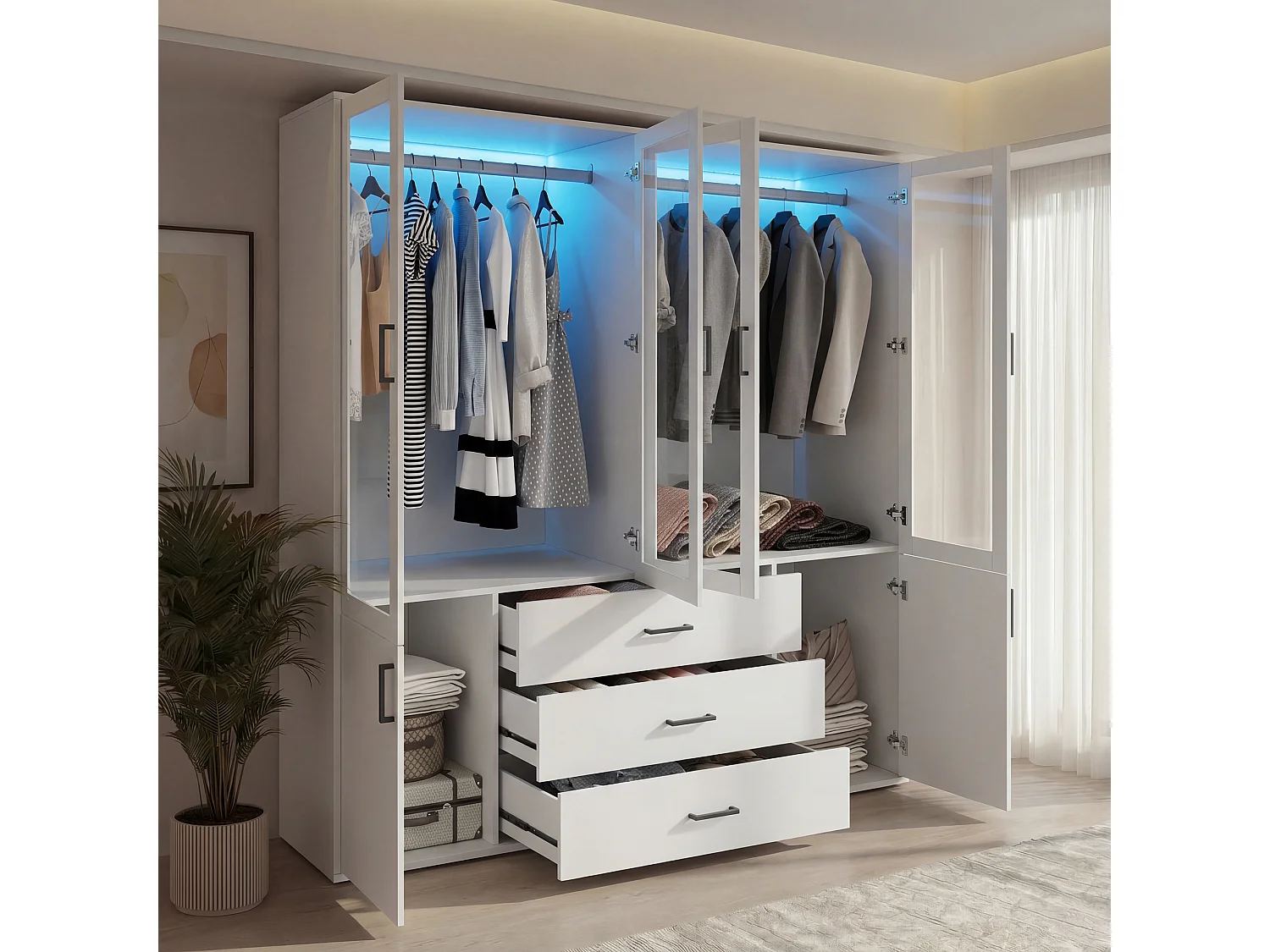 Armoires - 160 x 51.8 x 182 cm - 6 portes et 3 tiroirs - avec bandes lumineuses LED