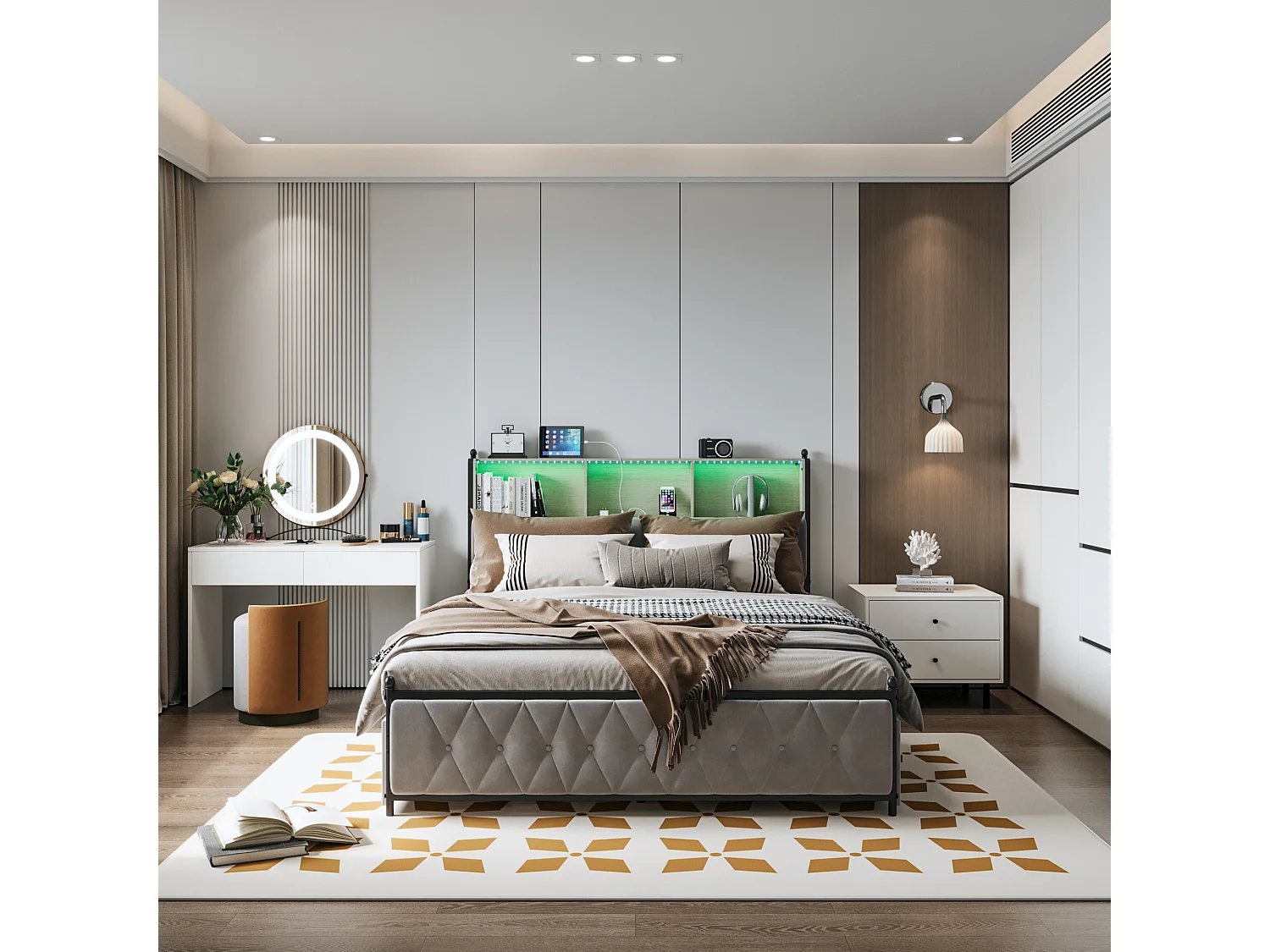 140 x 200 cm - Lit avec tête de lit rangement - avec 4 tiroirs - avec lumières LED et fonction de charge USB - Beige