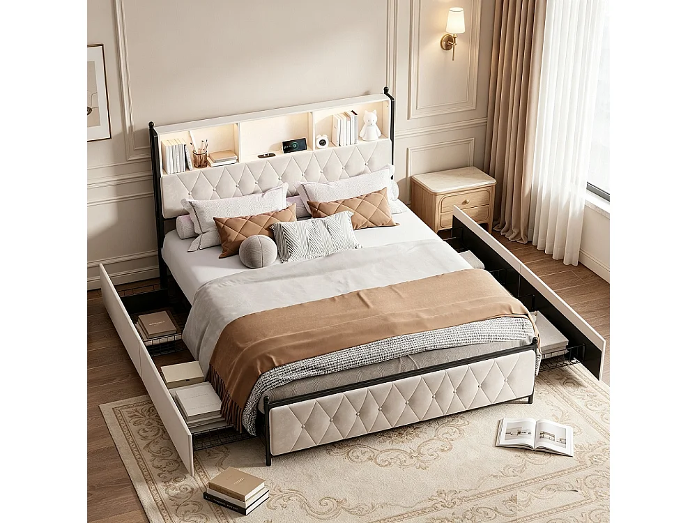 Letto 140x200 cm con testiera LED musicale, 4 cassetti contenitori e porte USB, design contemporaneo beige