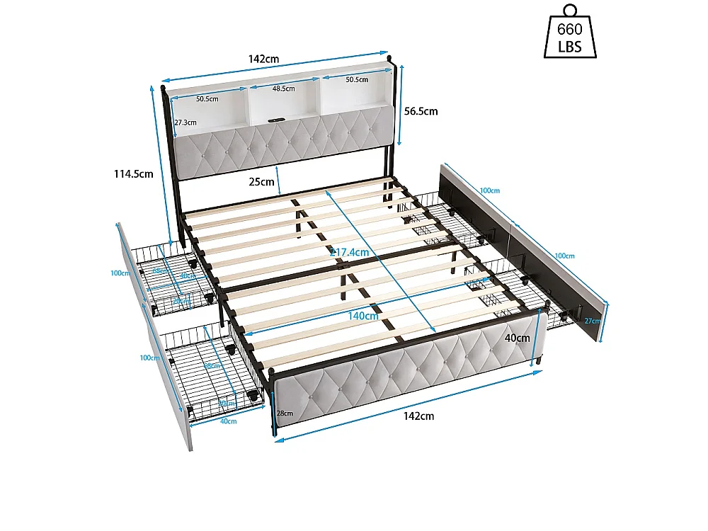 Letto 140x200 cm con testiera LED musicale, 4 cassetti contenitori e porte USB, design contemporaneo beige