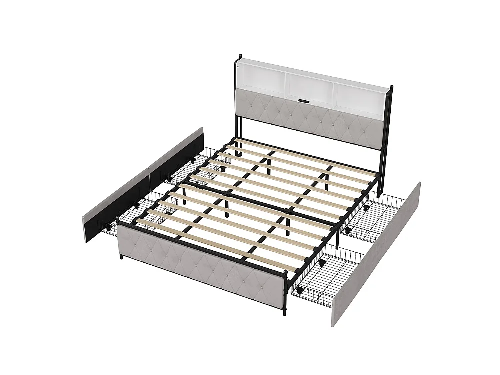 Letto 140x200 cm con testiera LED musicale, 4 cassetti contenitori e porte USB, design contemporaneo beige