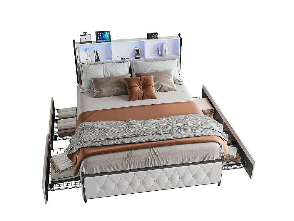 Letto 140x200 cm con testiera LED musicale, 4 cassetti contenitori e porte USB, design contemporaneo beige