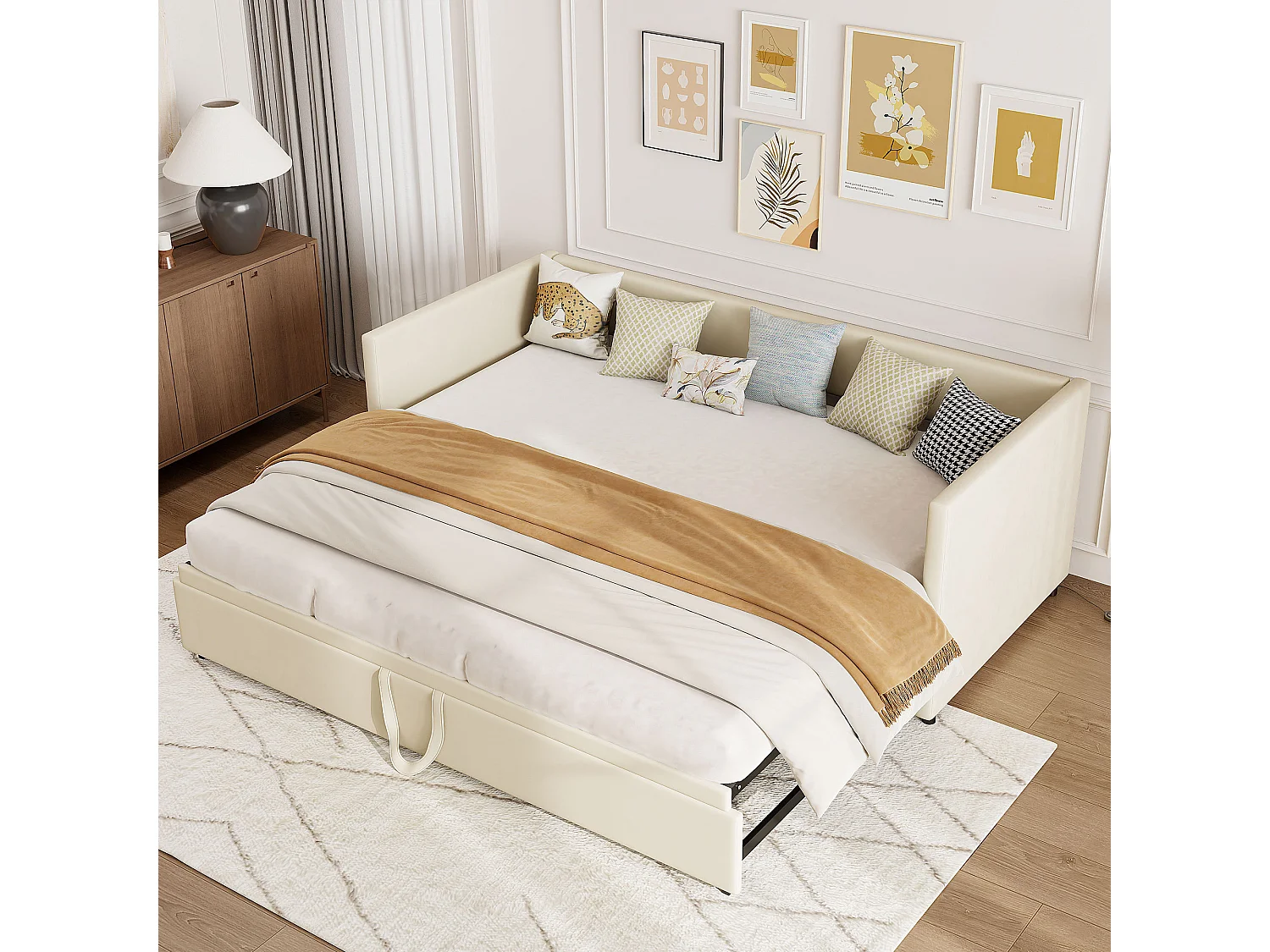 Lit d'invité - 90 / 180 x 200 cm- Tissu velours - Canapé-lit pliant polyfonctionnel extensible - Beige