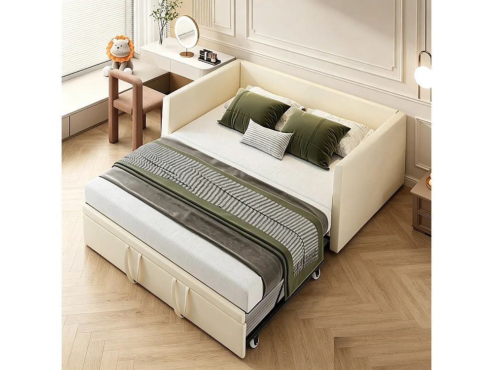 Lit d'invité - 90 / 180 x 200 cm- Tissu velours - Canapé-lit pliant polyfonctionnel extensible - Beige